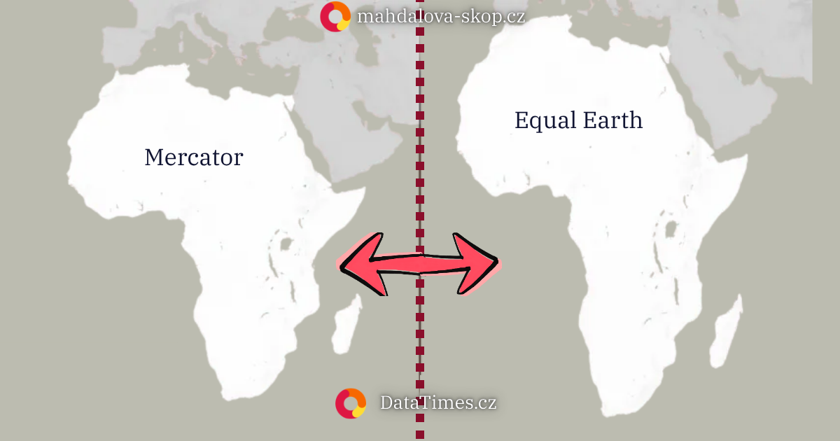 Afrika na Mercatorově projekci a na projekci Equal Earth. Vlevo natažené plochy, vpravo věrné poměry rozloh.